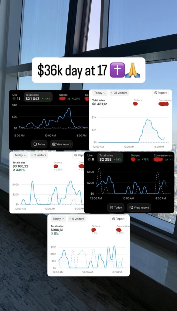 Mobile screenshots of live store dashboards showing a strong sales day