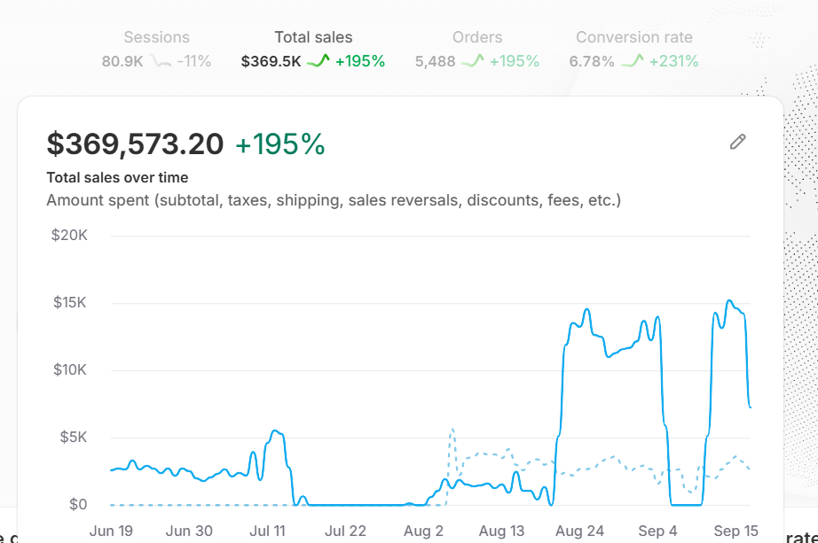 Store total sales chart reaching $369,573, up 195%